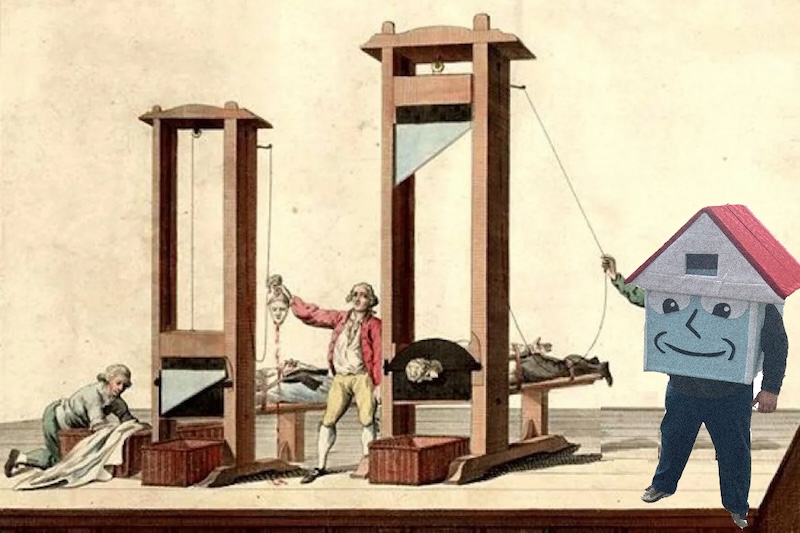 Guillotine scaffold with house costume.