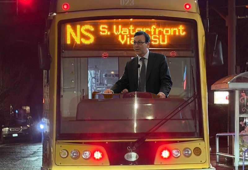 Collage of street car and Gov. Ferguson.