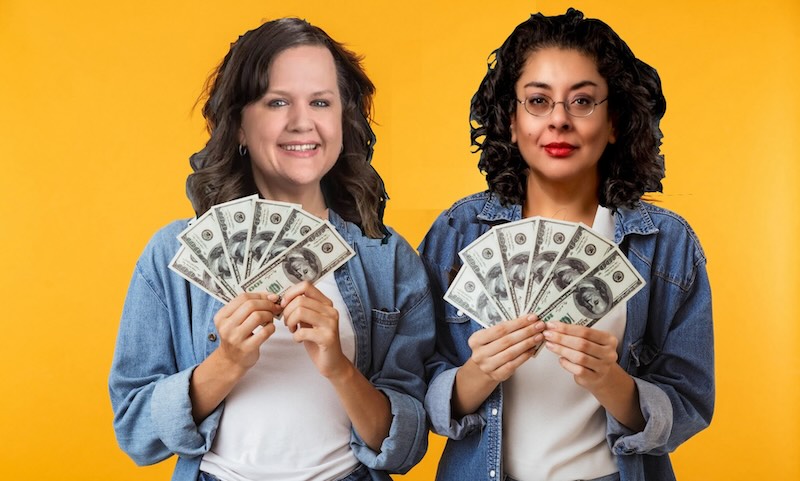 Rep. Tarra Simmons and Sharonne Navas holding $$$ collage.